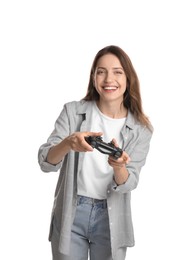 Photo of Happy woman playing video game with controller on white background