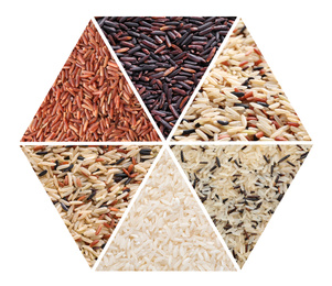 Image of Collage with different types of rice on white background, top view