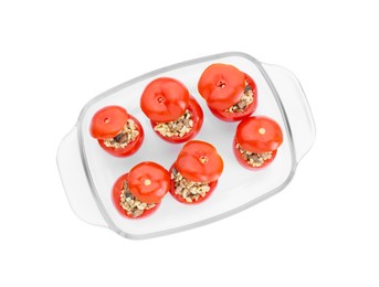 Photo of Delicious stuffed tomatoes with minced beef, bulgur and mushrooms in glass baking dish isolated on white, top view