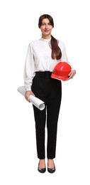 Photo of Architect with hard hat and draft on white background