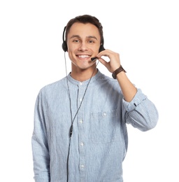 Photo of Technical support operator with headset on white background