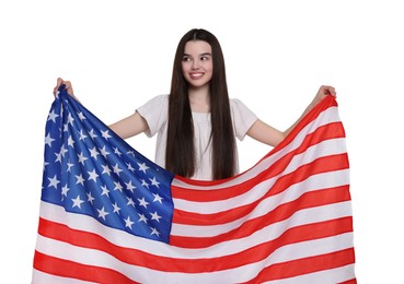 Image of 4th of July - Independence day of America. Happy teenage girl holding national flag of United States on white background