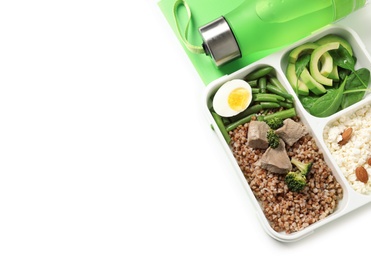 Photo of Container with natural protein food on white background, top view. Space for text