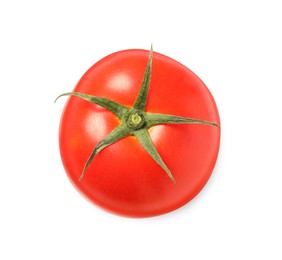 Photo of Fresh ripe tomato isolated on white, top view