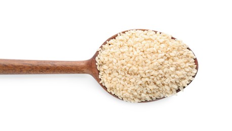 Photo of Wooden spoon with sesame seeds on white background, top view