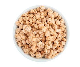 Image of Tasty crispy granola in bowl isolated on white, top view