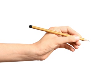 Photo of Young woman holding pencil on white background, closeup