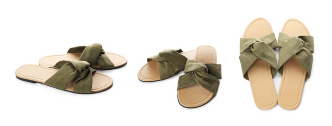 Image of Stylish flip flops on white background, collage. Banner design