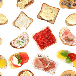 Image of Set of delicious toasted bread with different toppings on white background, top view