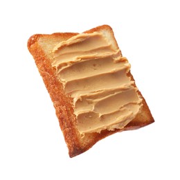 Photo of Piece of toasted bread with peanut butter isolated on white