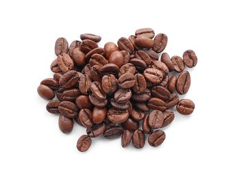 Photo of Pile of roasted coffee beans isolated on white, top view