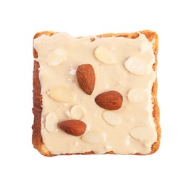 Photo of Toast with tasty nut butter and almonds isolated on white, top view