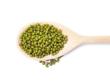 Photo of Raw mung beans with wooden spoon isolated on white, top view