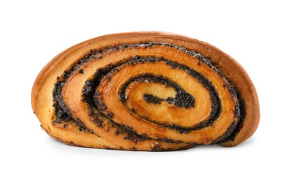 Photo of Tasty bun with poppy seeds isolated on white. Fresh pastry