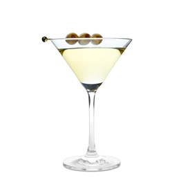 Photo of Glass of Classic Dry Martini with olives on white background