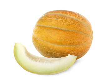 Photo of Whole and slice of ripe tasty melons on white background