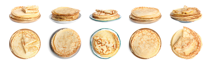 Image of Set of delicious thin pancakes on white background. Banner design 