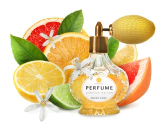 Image of Bottle of perfume with citrus scent on white background