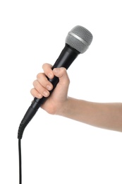 Photo of Child holding microphone on white background, closeup of hand