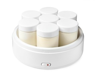 Photo of Modern yogurt maker with full jars on white background