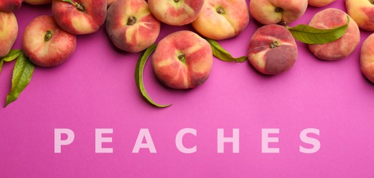 Fresh flat peaches on pink background, top view. Banner design