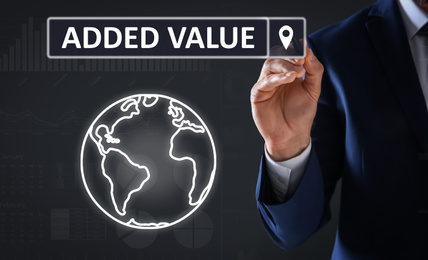 Image of Added value concept. Businessman using virtual screen
