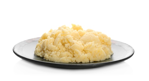 Photo of Plate with mashed potatoes on white background
