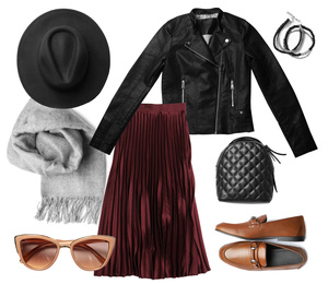 Image of Stylish outfit with black leather jacket on white background