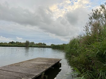 Photo of Picturesque view of river reeds and cloudy sky