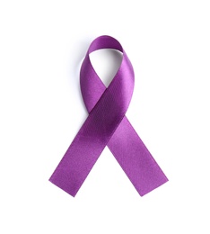 Photo of Purple awareness ribbon on white background, top view