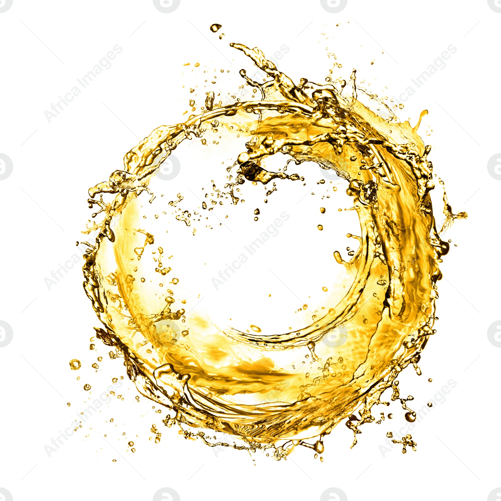 Image of Abstract splash of golden oily liquid on white background