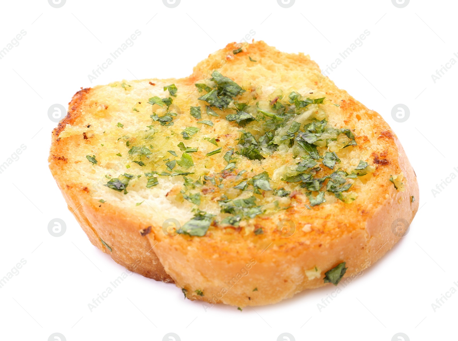 Photo of Slice of bread with garlic, cheese and herbs on white background