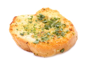 Photo of Slice of bread with garlic, cheese and herbs on white background