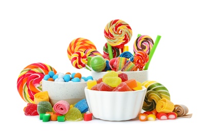 Photo of Composition with many different yummy candies on white background