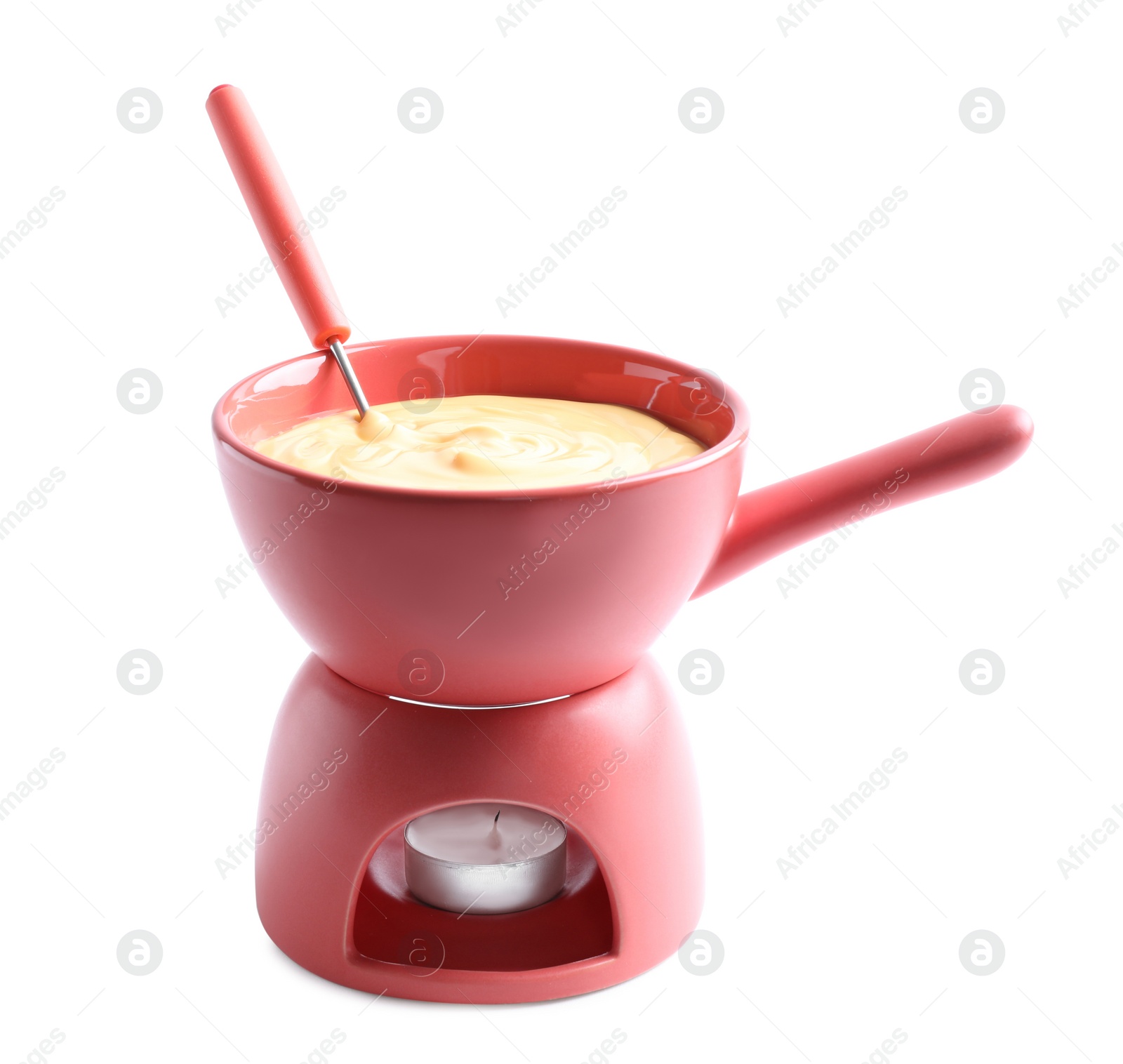 Photo of Pot with delicious cheese fondue and fork on white background