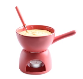 Photo of Pot with delicious cheese fondue and fork on white background