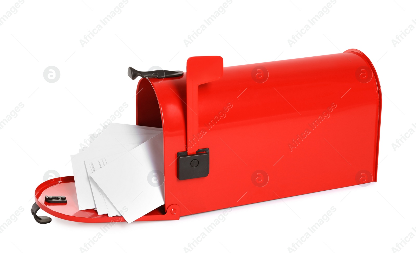 Photo of Red letter box with envelopes on white background