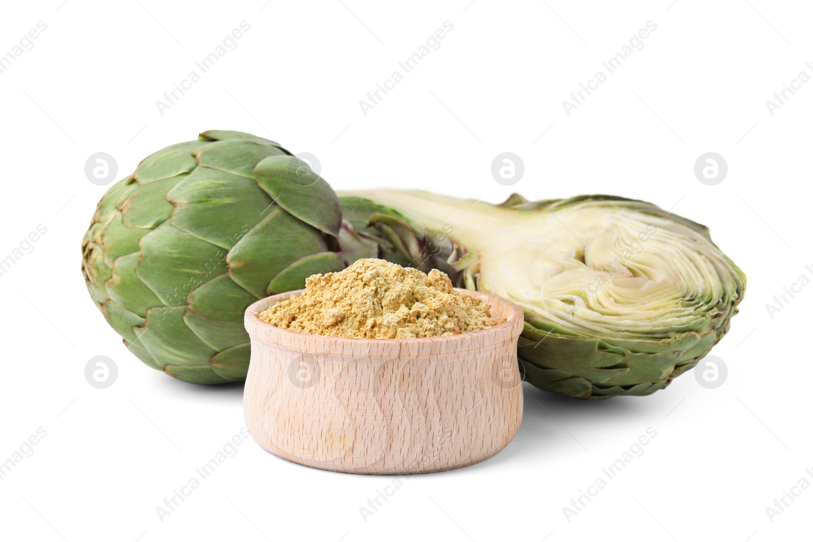 Photo of Fresh artichoke and powder isolated on white