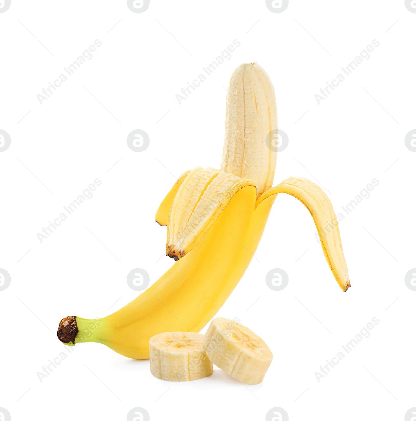 Image of Delicious ripe banana and pieces on white background