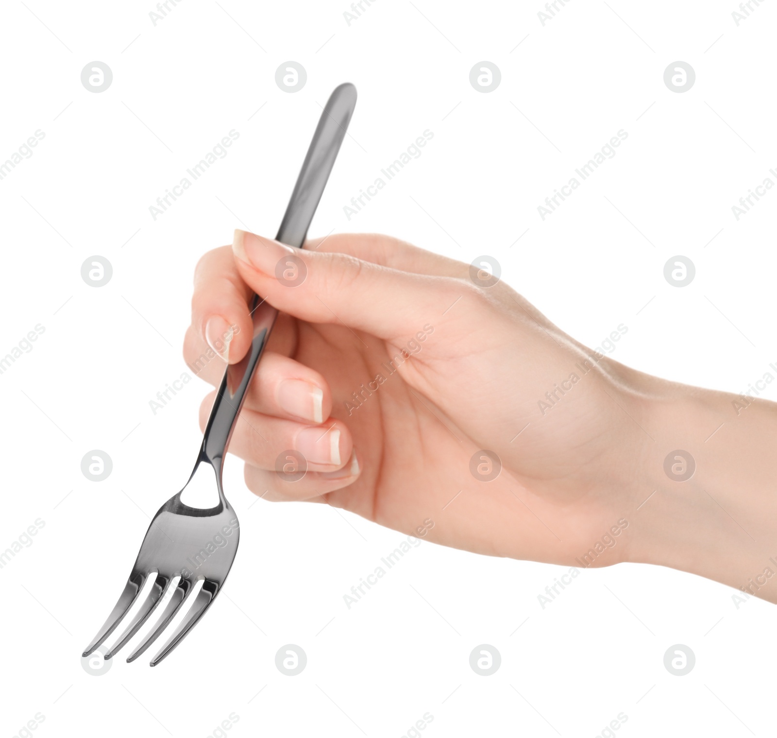 Photo of Woman holding clean fork on white background, closeup