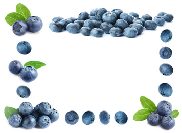 Frame of fresh blueberries on white background