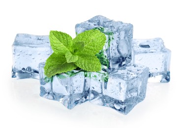 Image of Green mint and ice cubes isolated on white