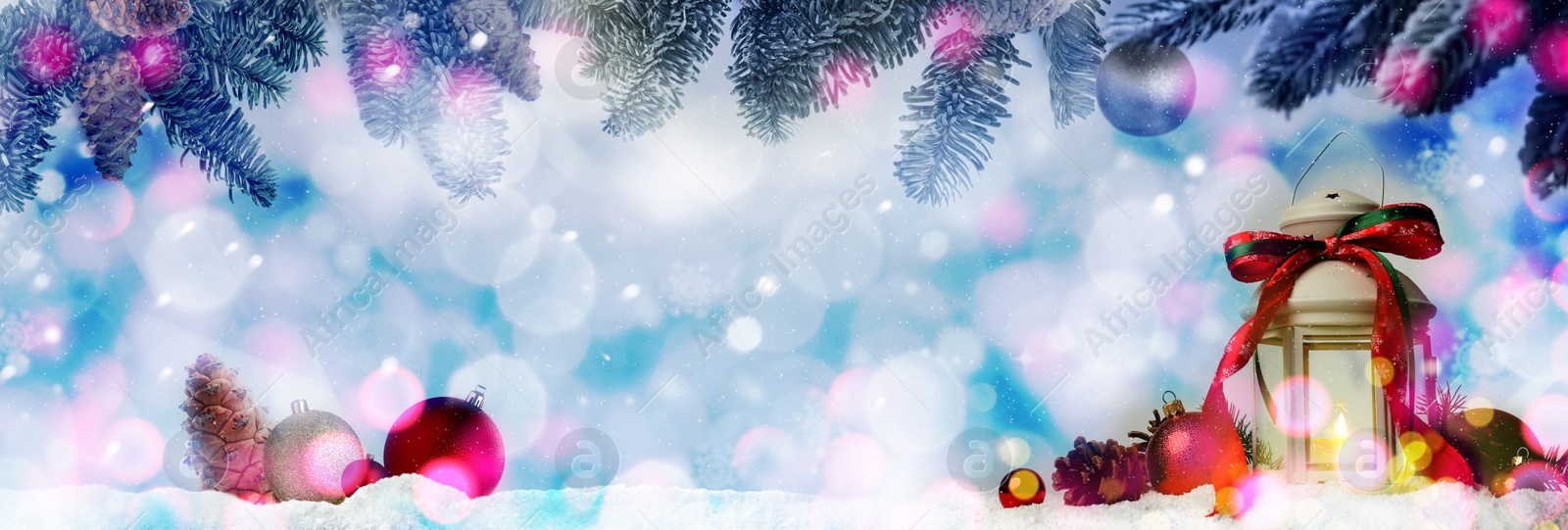 Image of Beautiful composition with vintage Christmas lantern and festive decorations on snow against color background, banner design. Bokeh effect