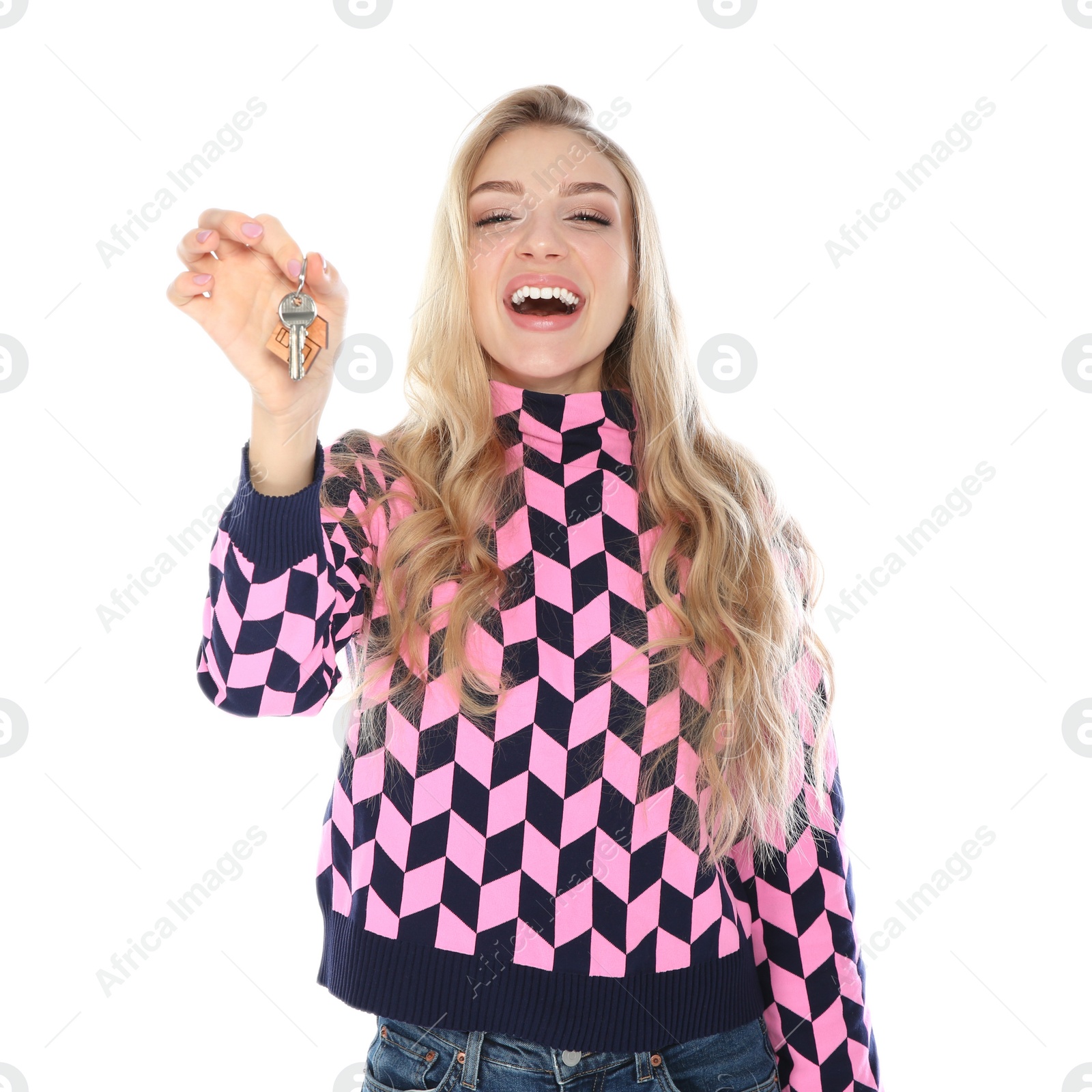 Photo of Happy young woman with house key on white background