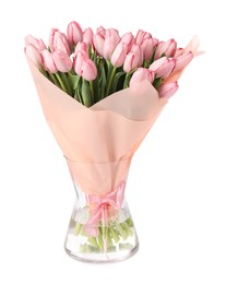 Photo of Bouquet of beautiful pink tulips in vase isolated on white