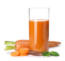 Photo of Carrot and glass of fresh juice on white background