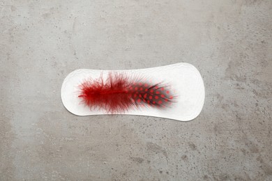 Photo of Sanitary pad with red feather on grey background, top view. Menstrual cycle