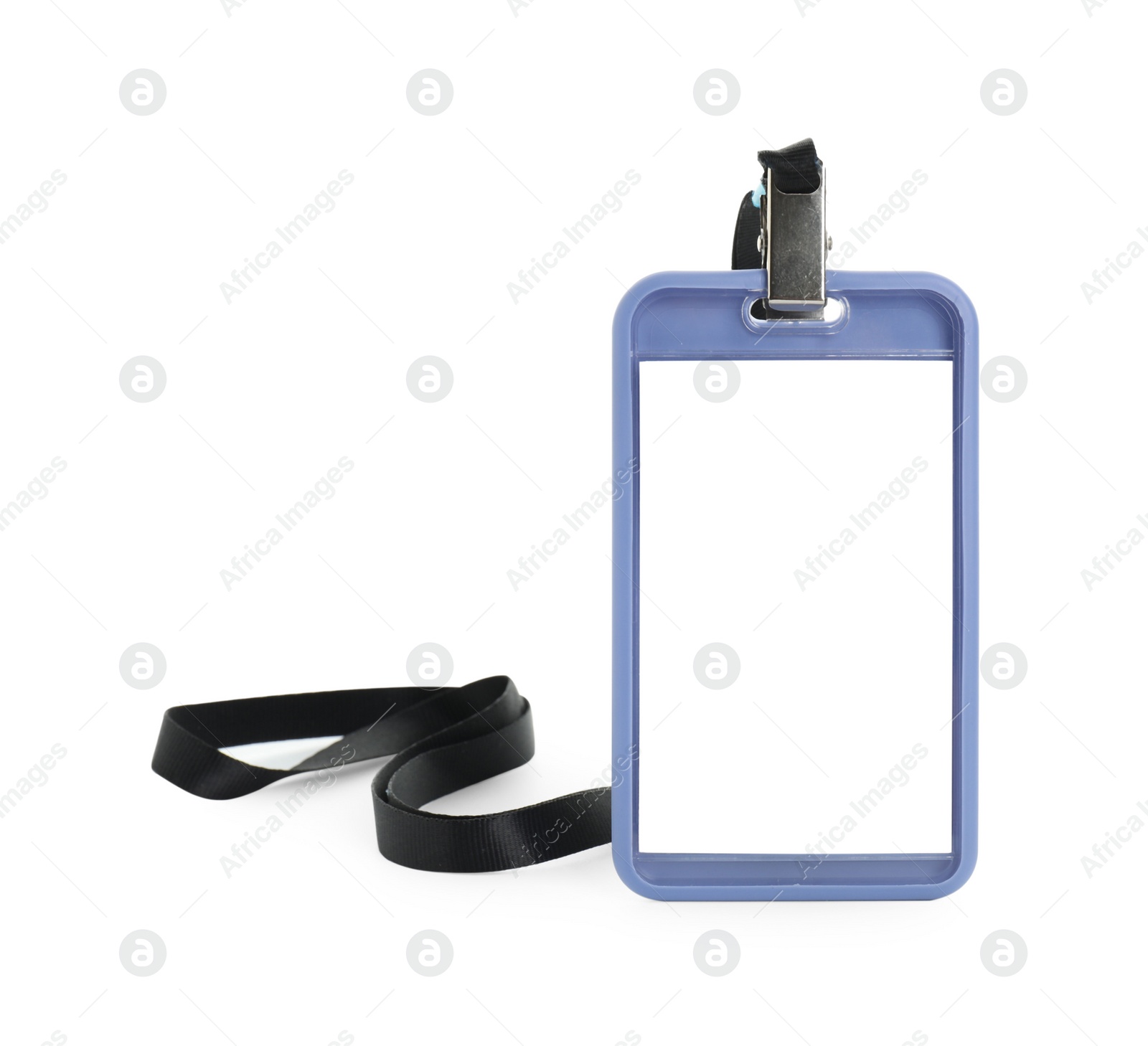 Photo of Blank blue badge with string isolated on white