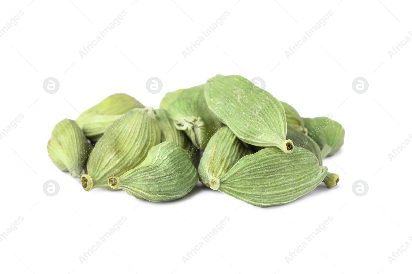 Photo of Pile of dry green cardamom on white background