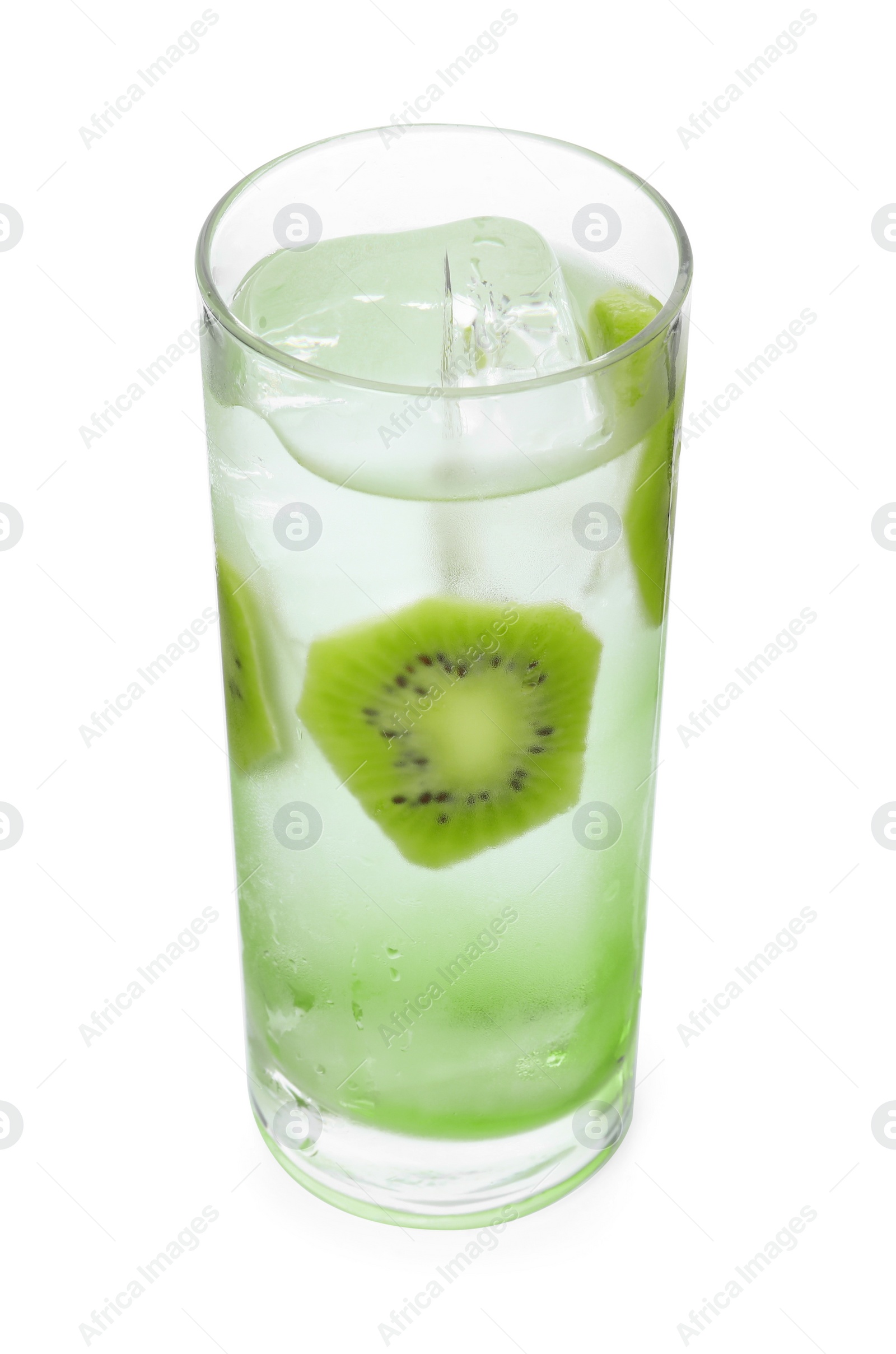 Photo of Glass of refreshing drink with kiwi isolated on white